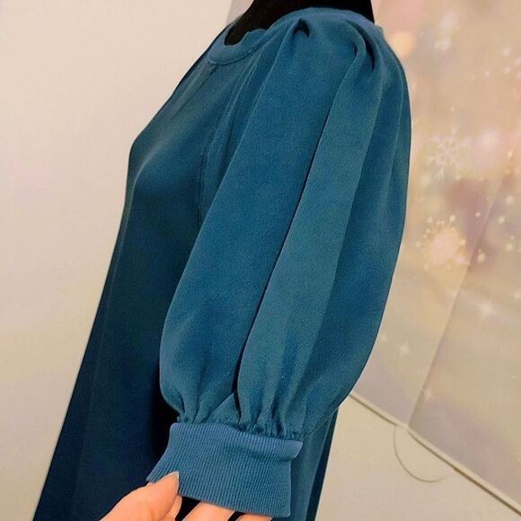 Teal blue color CREW NECK 100% COTTON KNIT PLEATED SLEEVE MINI DRESS WOMEN'S … - Picture 4 of 8